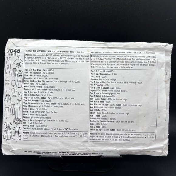 Simplicity 7046 “Clothes & Acc. For 11 1/2” Doll” Sewing Pattern Uncut FF - Picture 2 of 5